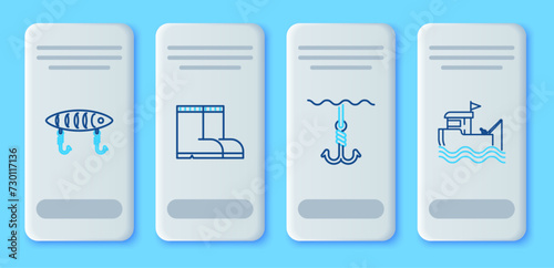 Set line Fishing boots, hook under water, lure and boat with fishing rod on icon. Vector