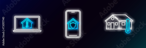 Set line House temperature, Laptop with house and Mobile phone under protection icon. Glowing neon. Vector