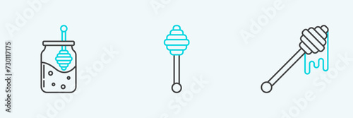 Set line Honey dipper stick with dripping honey, Jar of and and icon. Vector
