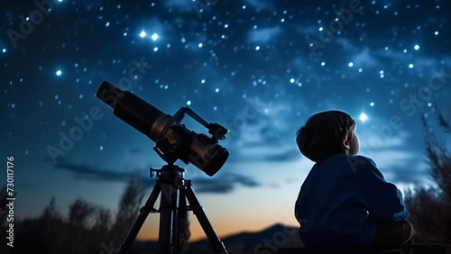Young boy kid astronomer at a night of stargazing. He gazes through telescopes, marveling at distant galaxies and constellations, expanding his understanding of the cosmos