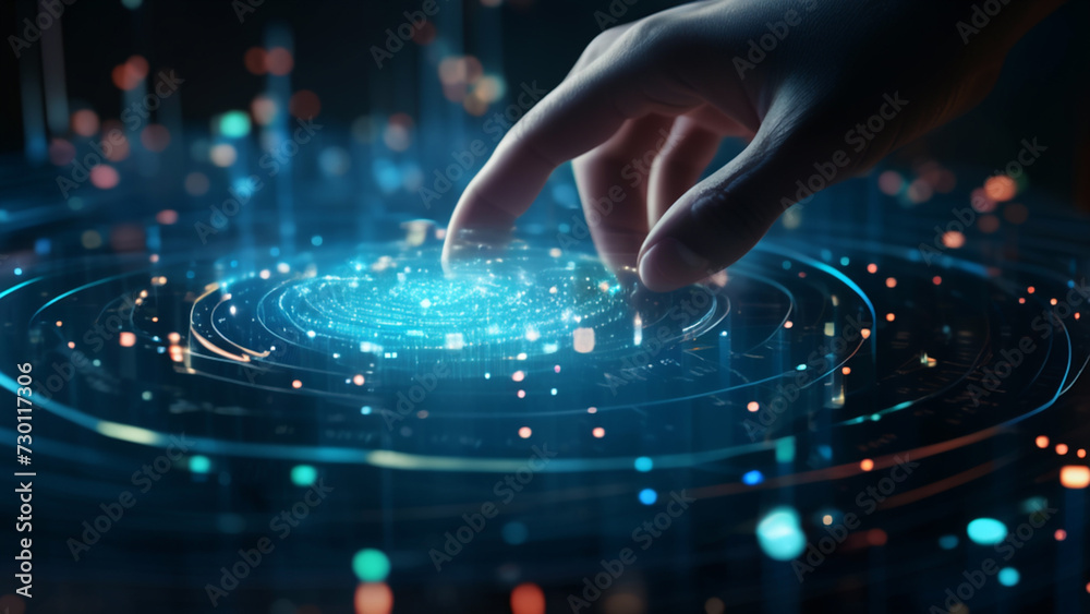 © Akein Rashmith - Hand touching a spinning data flow, data flow processing visualization background © Akein Rashmith - Hand touching a spinning data flow, data flow processing visualization background