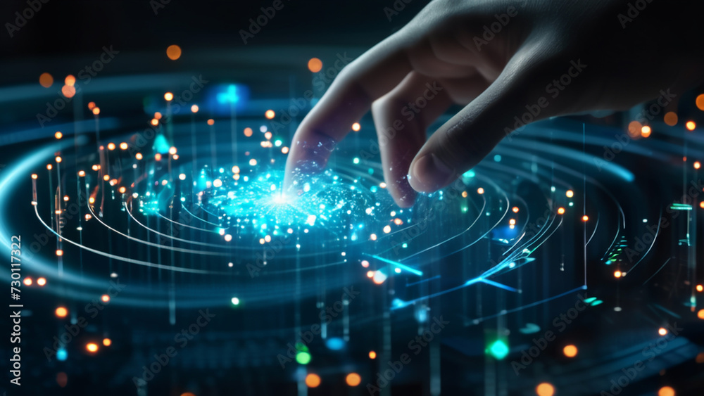 Hand touching a spinning data flow, data flow processing visualization background Hand touching a spinning data flow, data flow processing visualization background