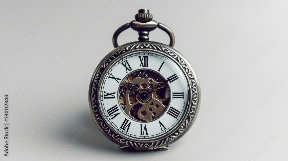 A captivating silver pocket watch rests gracefully upon a pristine white background, showcasing its exquisite Roman numerals with an air of enchantment.