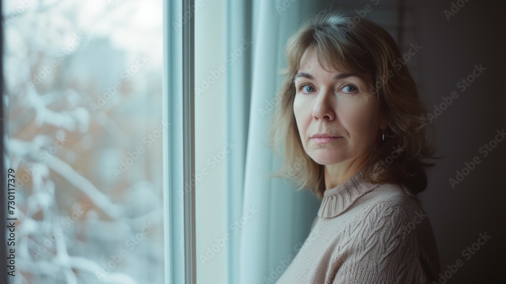A thoughtful middle-aged woman looks out the window 