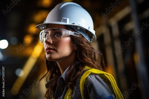 Female engineer wearing a hard hat and safety glasses in an industrial setting.