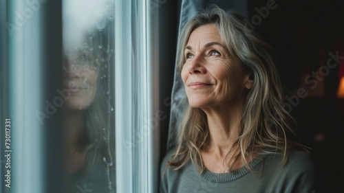 middle-aged woman looks out the window 