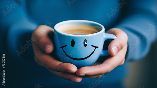 Hands holding a blue coffee cup with happy face to counter Blue Monday concept image