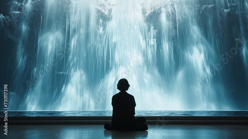 A person sits peacefully in front of a majestic waterfall, savouring the harmonious melody of nature.