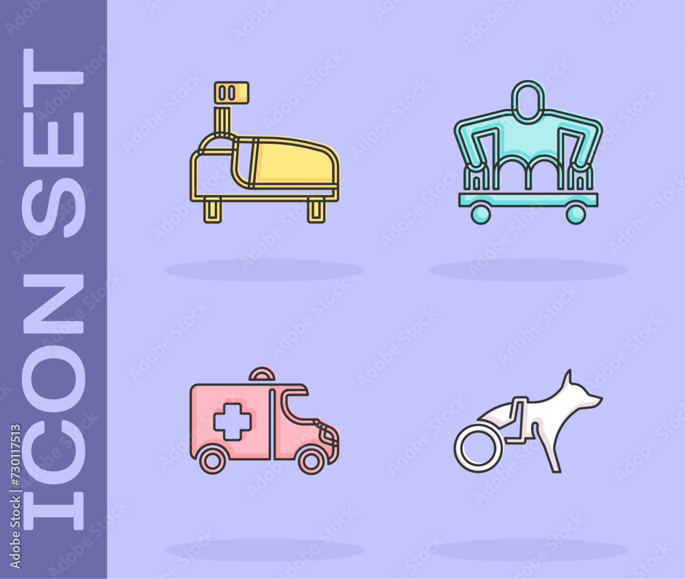 Set Dog in wheelchair, Hospital bed, Emergency car and Man without legs sitting icon. Vector Set Dog in wheelchair, Hospital bed, Emergency car and Man without legs sitting icon. Vector