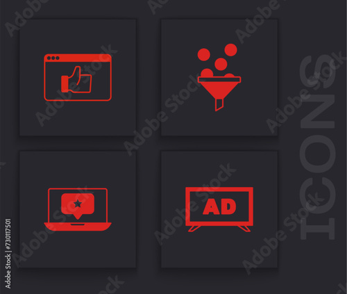 Set Advertising, Customer product rating, Lead management and Laptop with star icon. Vector