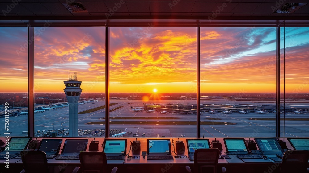 Airport control tower at sunset overlooking runways with computers and radar screens in the foreground. - obrazy, fototapety, plakaty 