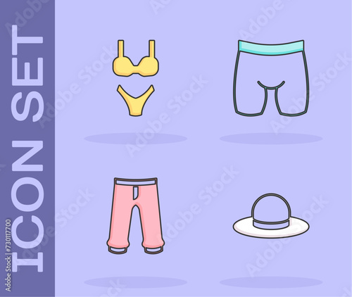 Set Man hat, Swimsuit, Pants and Cycling shorts icon. Vector