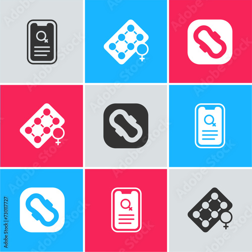 Set Dating app, Packaging of birth control pills and Sanitary napkin icon. Vector