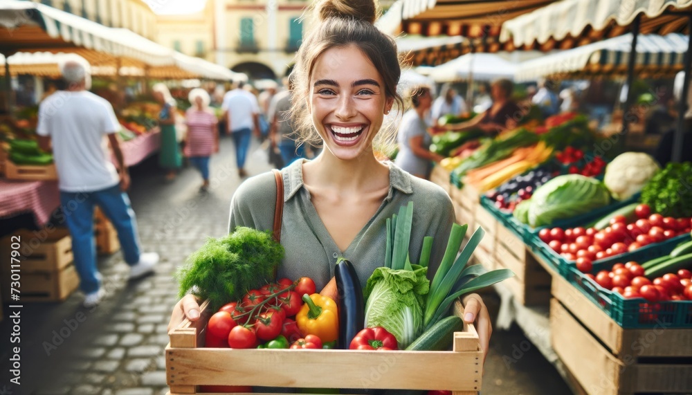 joyful woman holding a wooden box filled with fresh vegetables while standing at a busy farmer's market.