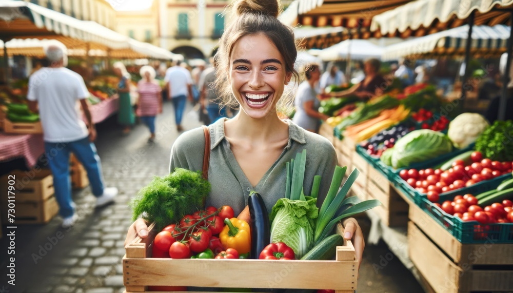 joyful woman holding a wooden box filled with fresh vegetables while standing at a busy farmer's market. joyful woman holding a wooden box filled with fresh vegetables while standing at a busy farmer's market.
