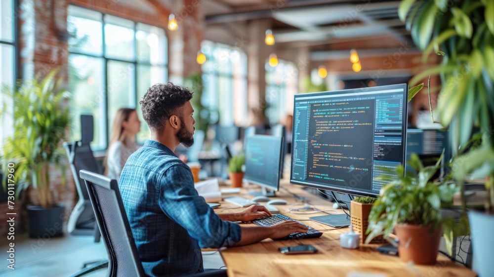 A software developer at work. A man sits at a desk in a bright office and stares at computer screens with lines of code.