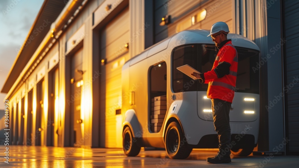 Obraz premium Logistic worker with electric van. logistician in protective gear standing with a clipboard in front of an electric van on a loading dock