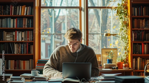 young man absorbed in working on his laptop in a cozy library setting with bookshelves photo