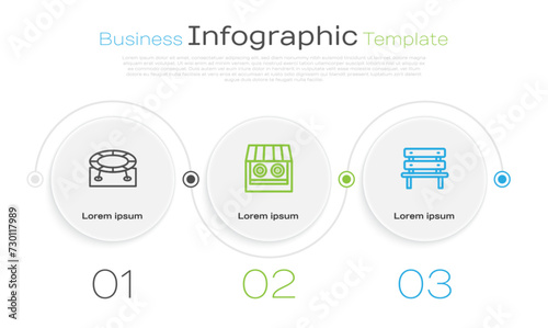 Set line Jumping trampoline, Shooting gallery and Bench. Business infographic template. Vector