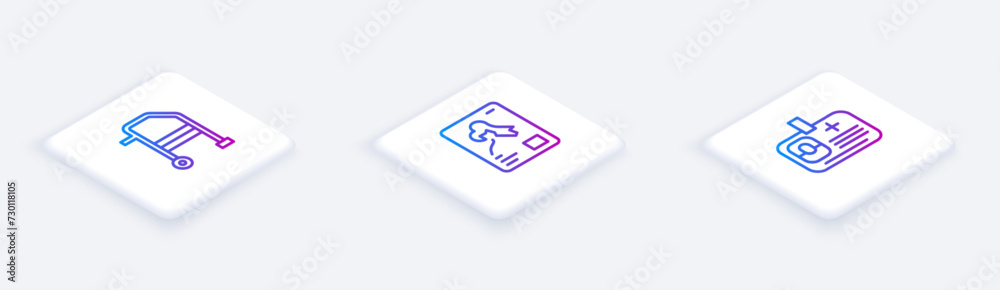 Set Isometric line Walker, X-ray shots and Identification badge. White square button. Vector