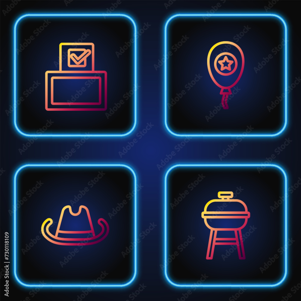 Set line Barbecue grill, Western cowboy hat, Vote box and Balloons. Gradient color icons. Vector Set line Barbecue grill, Western cowboy hat, Vote box and Balloons. Gradient color icons. Vector