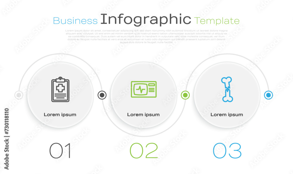Set line Patient record, Monitor with cardiogram and Human broken bone. Business infographic template. Vector Set line Patient record, Monitor with cardiogram and Human broken bone. Business infographic template. Vector