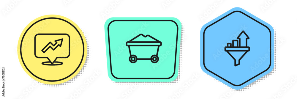 Set line Financial growth, Coal mine trolley and Sales funnel with chart. Colored shapes. Vector Set line Financial growth, Coal mine trolley and Sales funnel with chart. Colored shapes. Vector