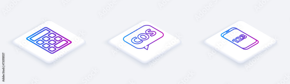 Set Isometric line Triangle math, Tablet with calculator and Book with word mathematics. White square button. Vector Set Isometric line Triangle math, Tablet with calculator and Book with word mathematics. White square button. Vector
