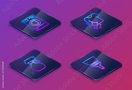 Set Isometric line Washer, Water spray bottle, Drying clothes and Rubber cleaner for windows. Blue square button. Vector