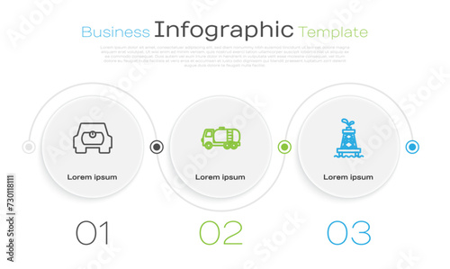 Set line Gas tank for vehicle, Tanker truck and Oil rig. Business infographic template. Vector