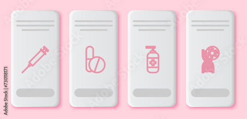 Set line Syringe, Medicine pill or tablet, Bottle of liquid antibacterial soap and DNA symbol and virus. White rectangle button. Vector