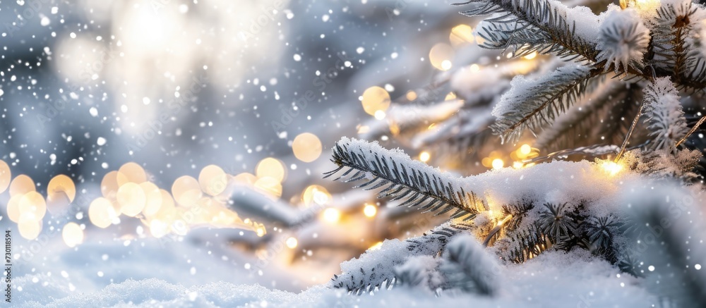 Snow-covered fir branches with garland lights, creating a festive winter scene.