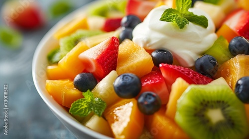 A colorful fruit salad topped with a dollop of creamy custard, a refreshing dessert photo