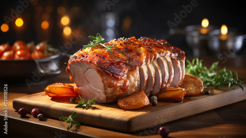 A juicy roast pork with a perfect crackling, served on a wooden chopping board. 