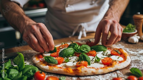 A chef's hands artfully arranging fresh basil leaves on a Caprese pizza