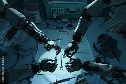 A bird's-eye view of a surgical procedure being performed by robotic arms, with a focus on the interplay of shadow and light, high-tech operating room