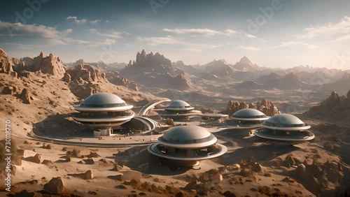 Unique structures combining spherical and conical shapes tower over the arid desert surface, symbolizing advanced technology and futuristic living.
 photo