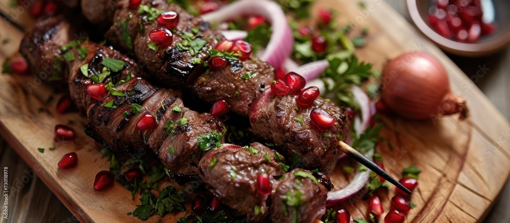 Beef skewer with herbs, onion, and pomegranate.