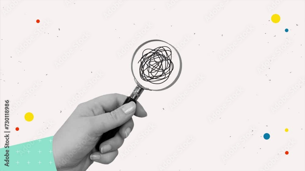 Magnifying glass in hand. Animation in a contemporary collage style