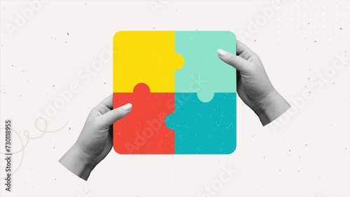 Hands putting together puzzles. Animation in a contemporary collage style