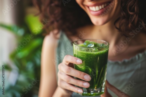 Health, drink and detox with woman and smoothie for diet, breakfast and protein. Nutrition, food and weight loss with face of person and glass for green juice, vitamins and supplement