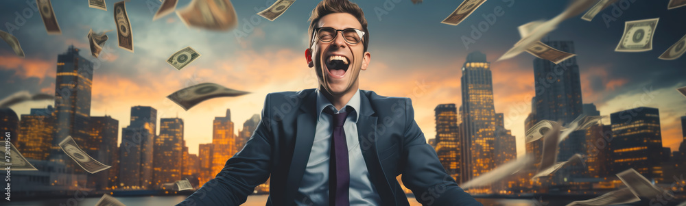 Man in suit standing under the rain of falling banknotes. Lottery, salary, investment, income concept.