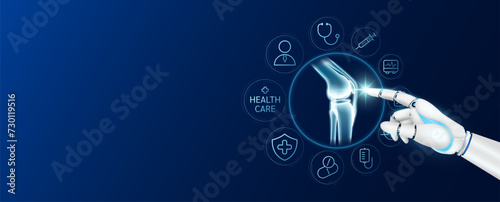 Innovative technology in health care futuristic. Doctor robot cyborg finger touching knee joint bone with medical icons. Human organ virtual interface. Ads banner empty space for text. Vector.