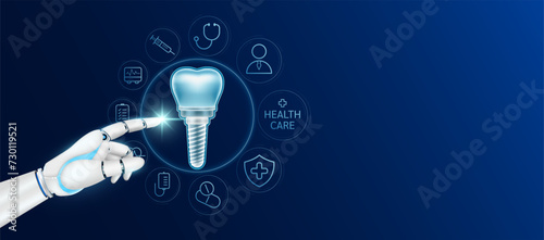 Doctor robot cyborg finger touching dental implant with medical icons. Human organ virtual interface. Innovative technology in health care futuristic. Ads banner empty space for text. Vector.