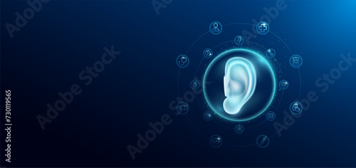 Medical health care. Human ear in transparent bubbles surround with medical icon. Technology innovation healthcare hologram organ on dark blue background. Banner empty space for text. Vector.
