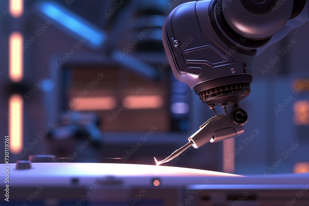 A close-up of a robotic arm's tool, delicately performing a surgical stitch, set against the backdrop of a state-of-the-art operating theatre with soft, focused lighting A close-up of a robotic arm's tool, delicately performing a surgical stitch, set against the backdrop of a state-of-the-art operating theatre with soft, focused lighting