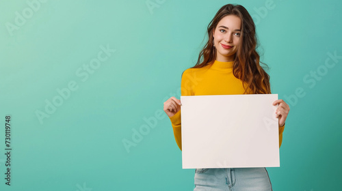  lady with expressing emotions of nostalgia and longing, holding hands paper, side white empty space poster proposing buy advert place, isolated on solid color background