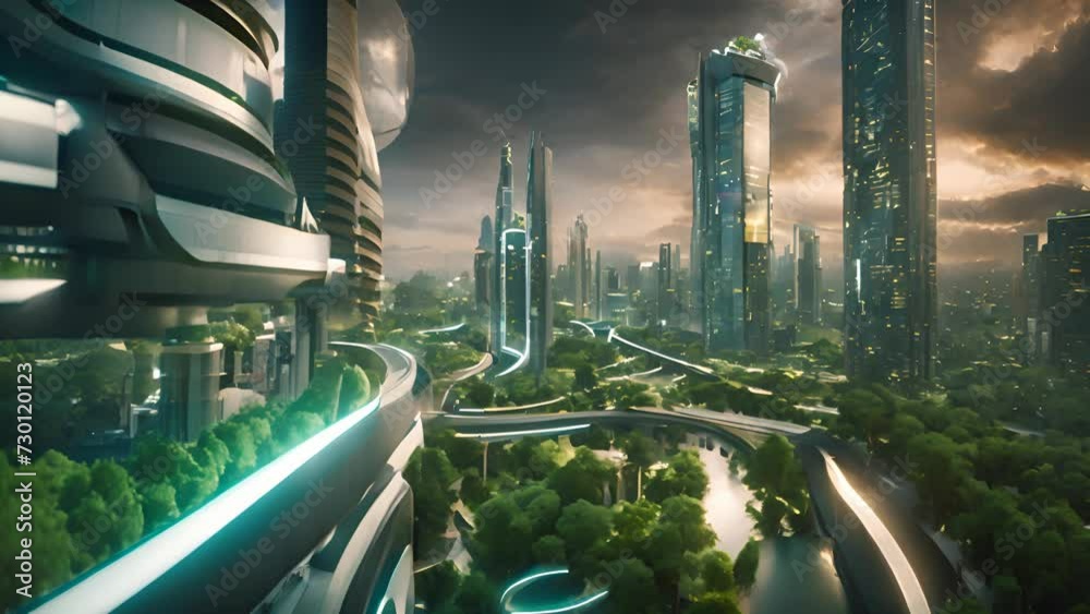 A cityscape with towering skyscrapers and lush greenery, featuring ...