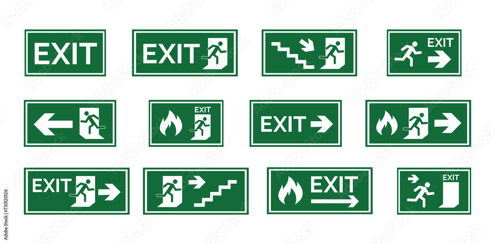 Various exit signs isolated on white background. Exit sign collection in flat style. Vector stock - obrazy, fototapety, plakaty 