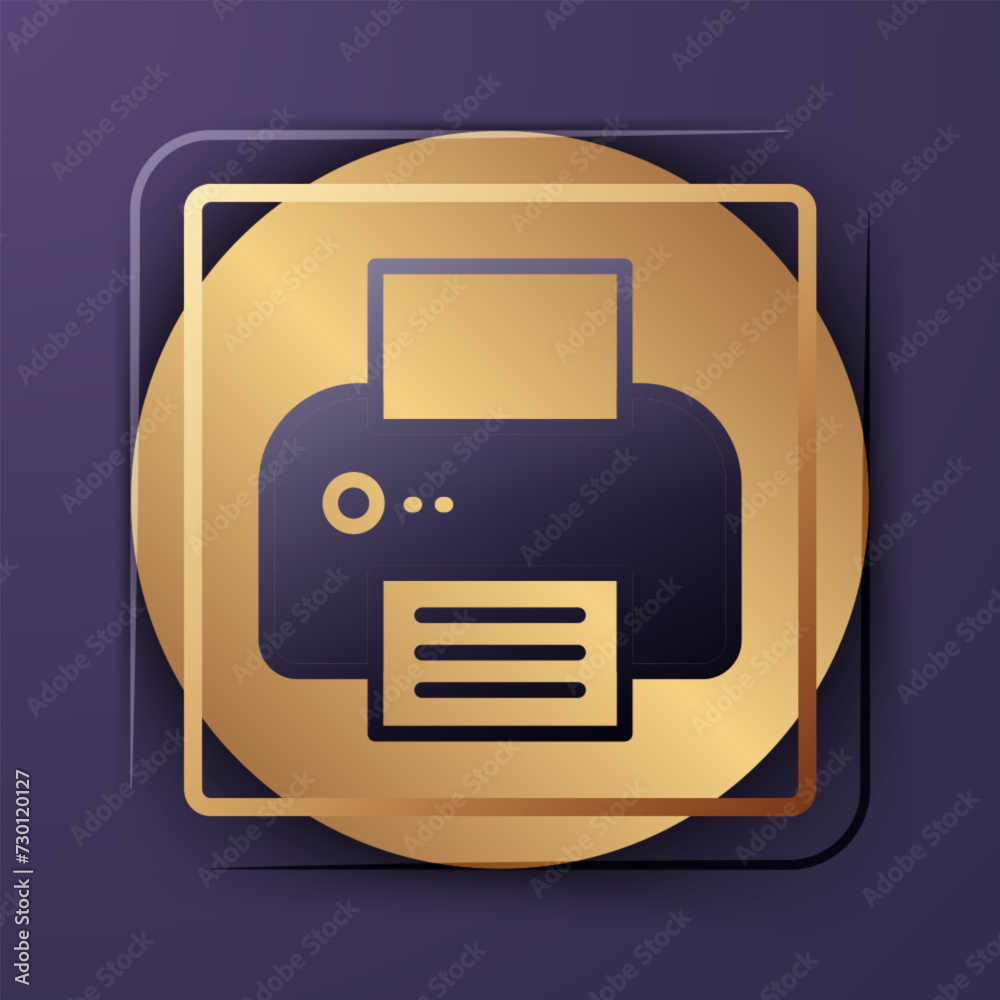Purple Printer icon isolated on purple background. Gold square button. Vector Purple Printer icon isolated on purple background. Gold square button. Vector